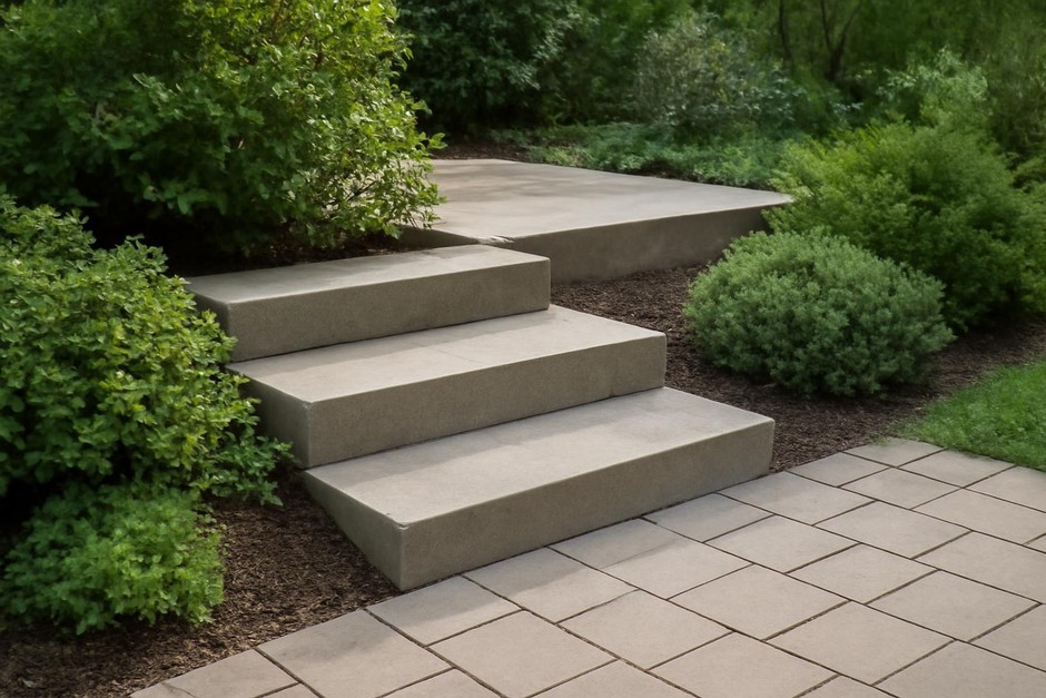 A small landscaped step landing with paving and low shrubs
